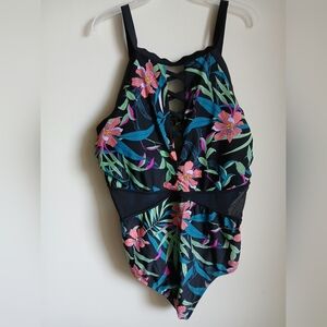 TERRA & SKY TUMMY CONTROL TROPICAL PRINT ONE PIECE SWIMSUIT PLUS SIZE 3X NWOT